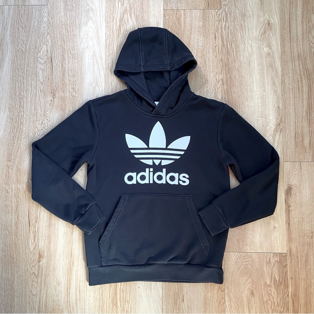 Adidas Black White Large Trefoil Logo Hoodie Boys Youth Size 11-12Y Medium